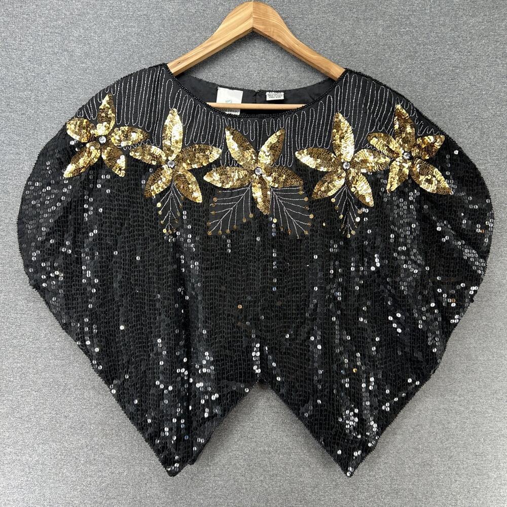 Vintage Praise Hymn Blouse Womens Free Size Black Gold 100% Silk Holiday Top